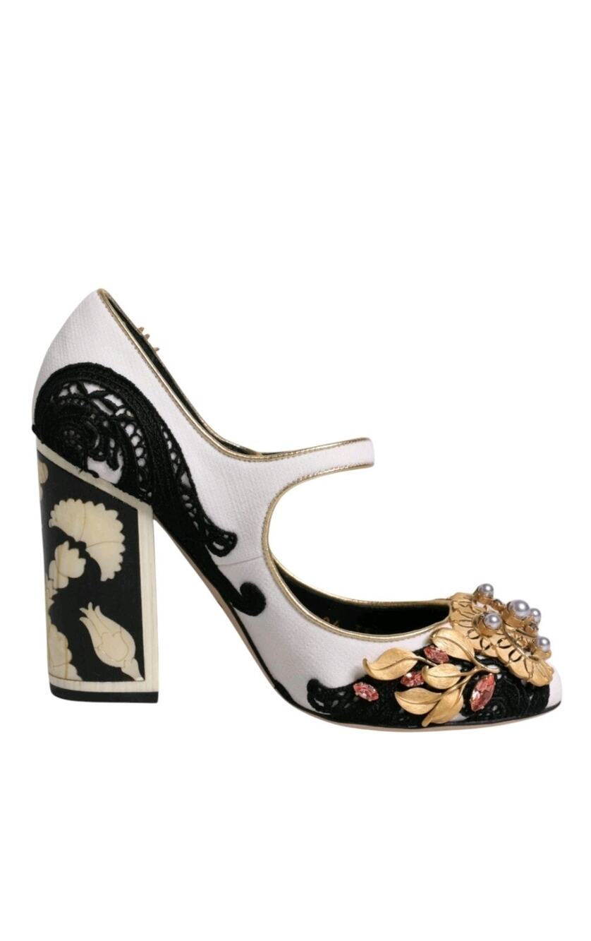 $3380 Dolce & Gabbana Black White Embellished Brocade Mary Jane Pumps Size 37.5